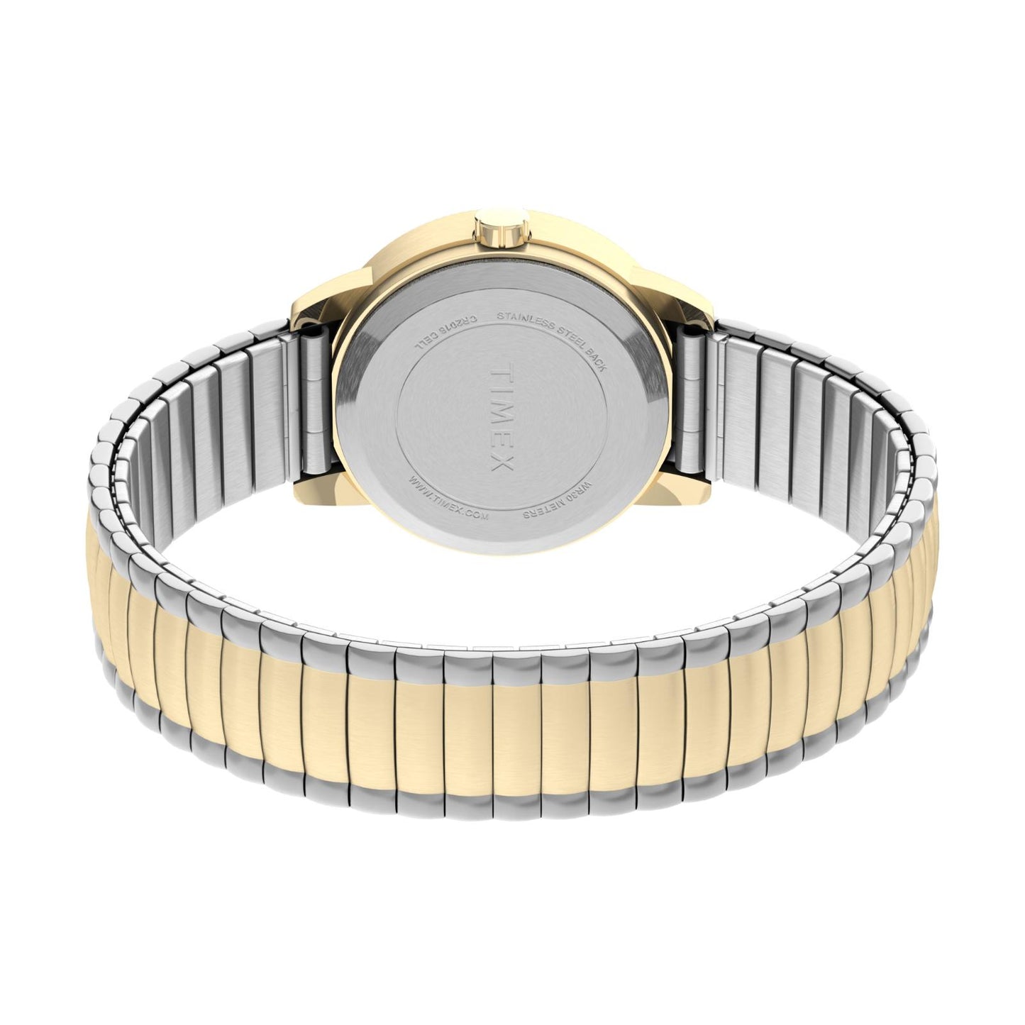 Timex Easy Reader 25mm rear view showing the stainless steel caseback, gold-tone case, and two-tone stainless steel expansion bracelet.