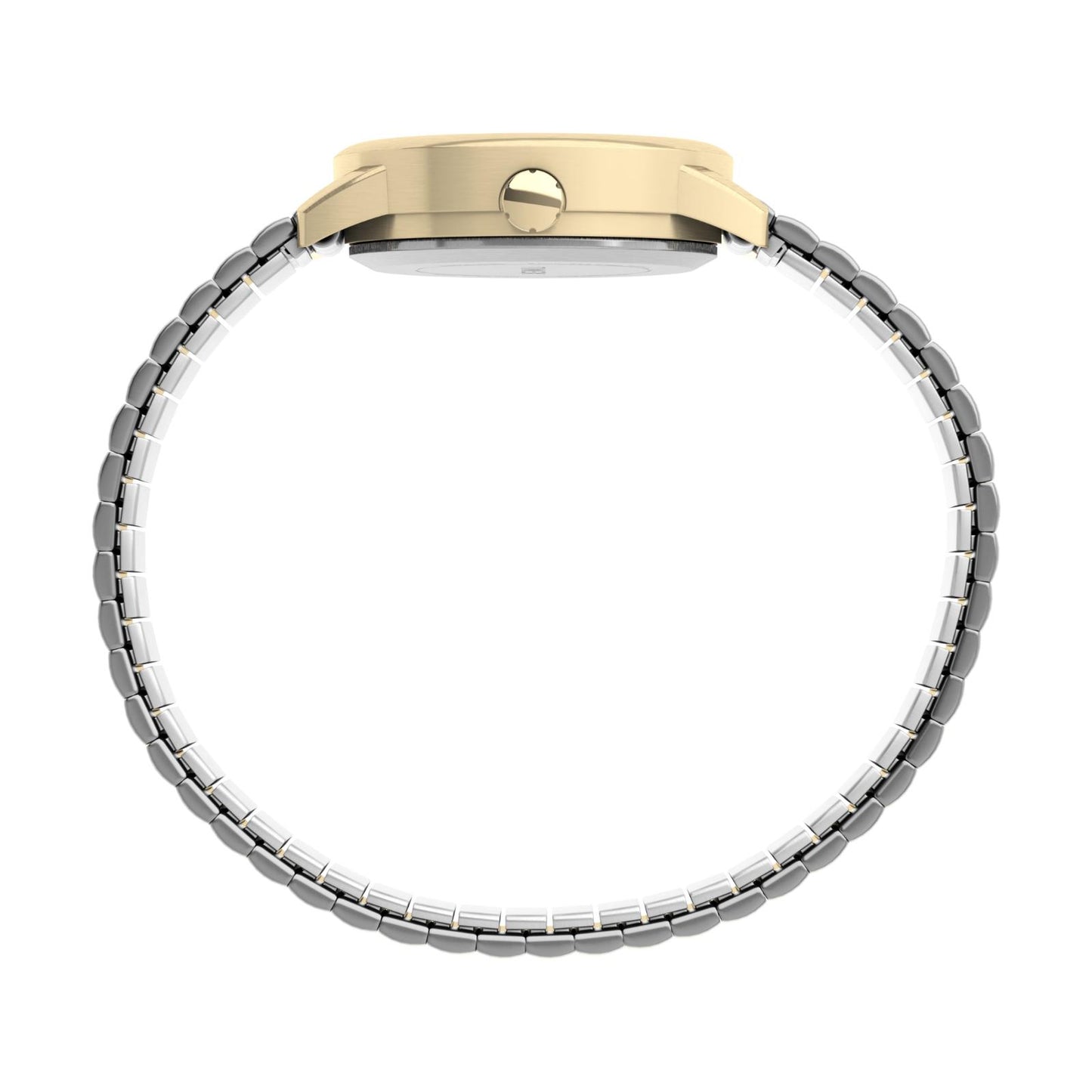 Timex Easy Reader 25mm side profile with gold-tone case and two-tone stainless steel expansion bracelet shown in a full side view.