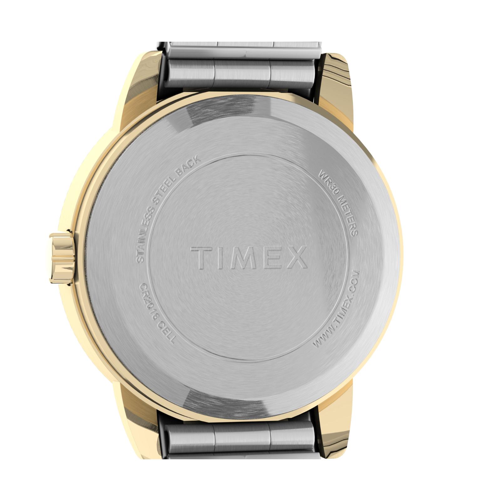 Timex Easy Reader 25mm stainless steel caseback with engraved Timex branding and water resistance markings.