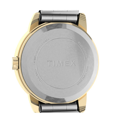 Timex Easy Reader 25mm stainless steel caseback with engraved Timex branding and water resistance markings.