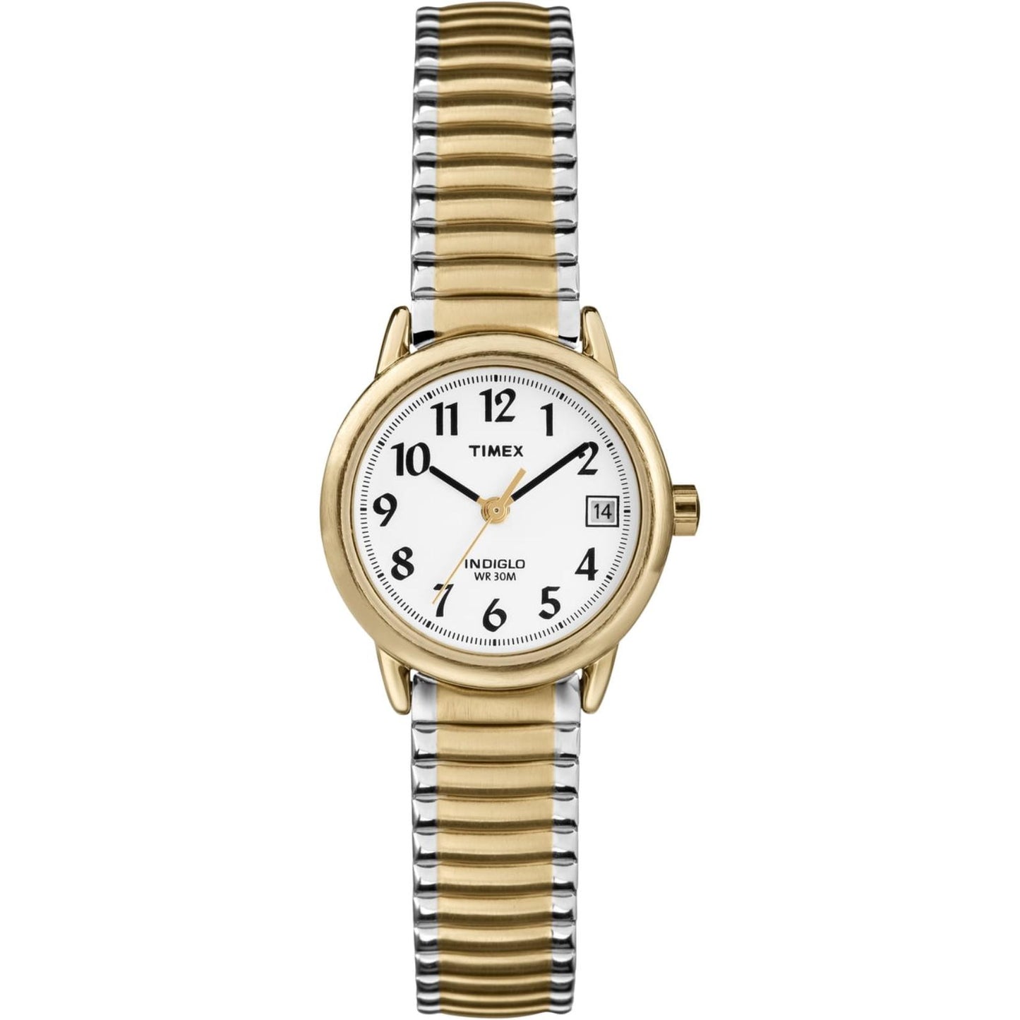Timex Easy Reader 25mm women’s watch with white dial, black Arabic numerals, gold-tone case, date window, and two-tone expansion bracelet.