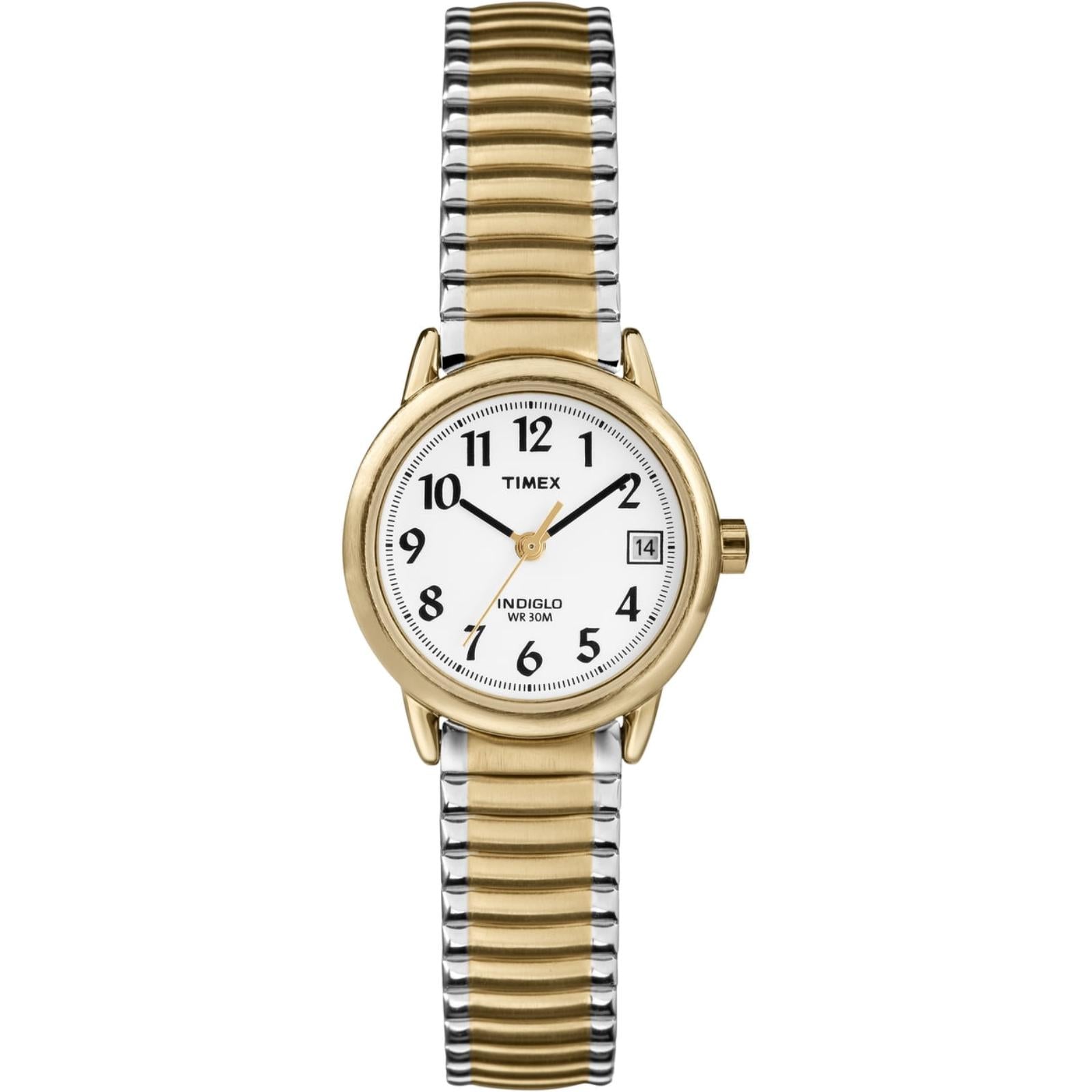 Timex Easy Reader 25mm women’s watch with white dial, black Arabic numerals, gold-tone case, date window, and two-tone expansion bracelet.