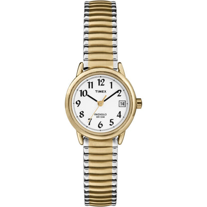 Timex Easy Reader 25mm women’s watch with white dial, black Arabic numerals, gold-tone case, date window, and two-tone expansion bracelet.