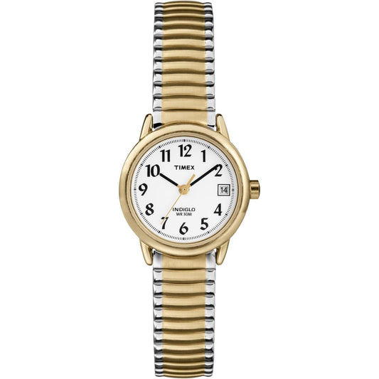 Timex Easy Reader 25mm women’s watch with white dial, black Arabic numerals, gold-tone case, date window, and two-tone expansion bracelet.