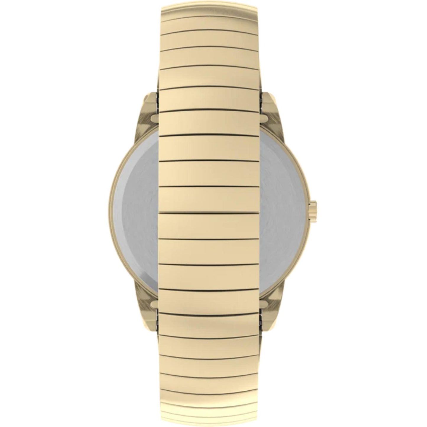 Timex Easy Reader 35mm men’s watch with gold-tone expansion bracelet and rear case view with polished stainless steel back.