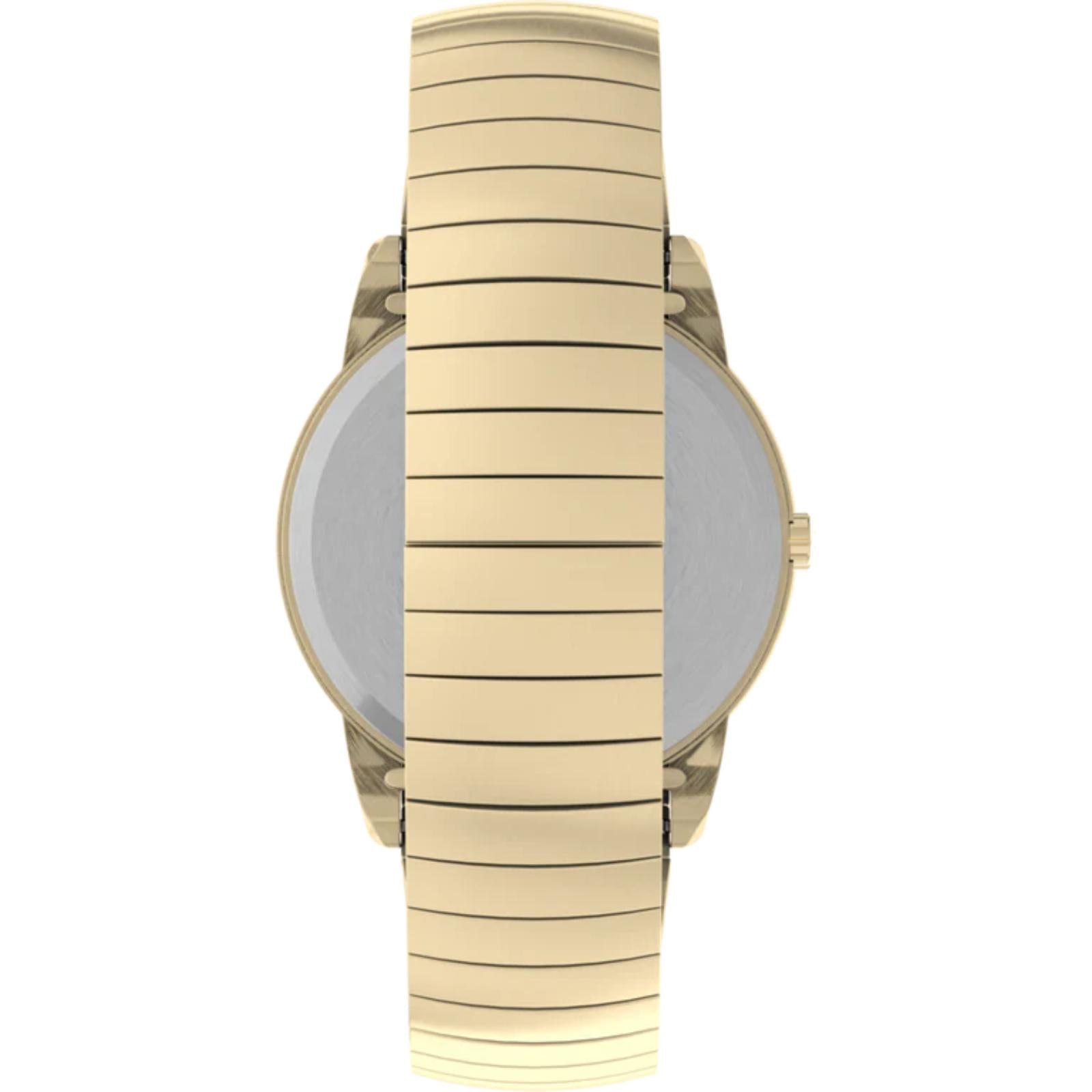 Timex Easy Reader 35mm men’s watch with gold-tone expansion bracelet and rear case view with polished stainless steel back.
