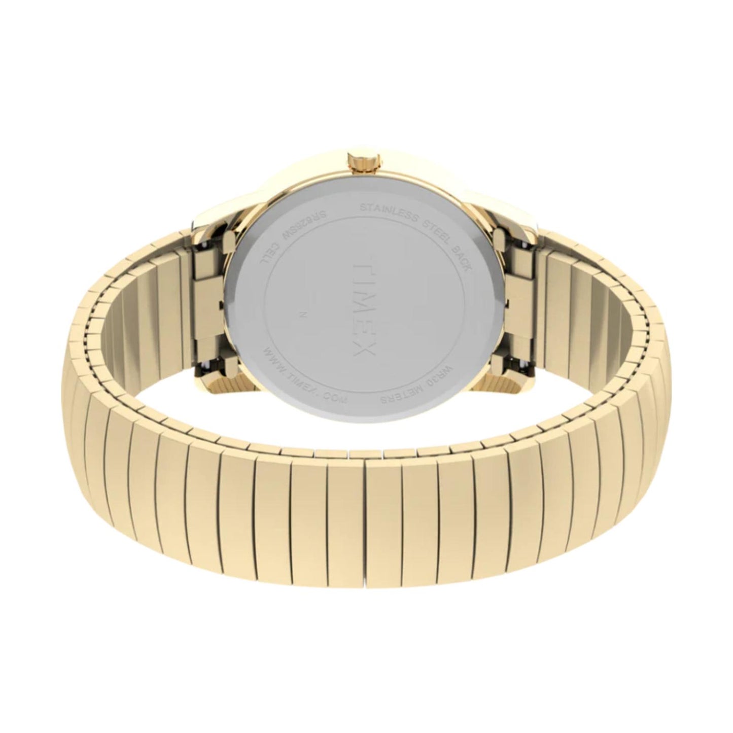 Timex Easy Reader 35mm men’s watch with stainless steel caseback and gold-tone expansion bracelet shown in rear view.