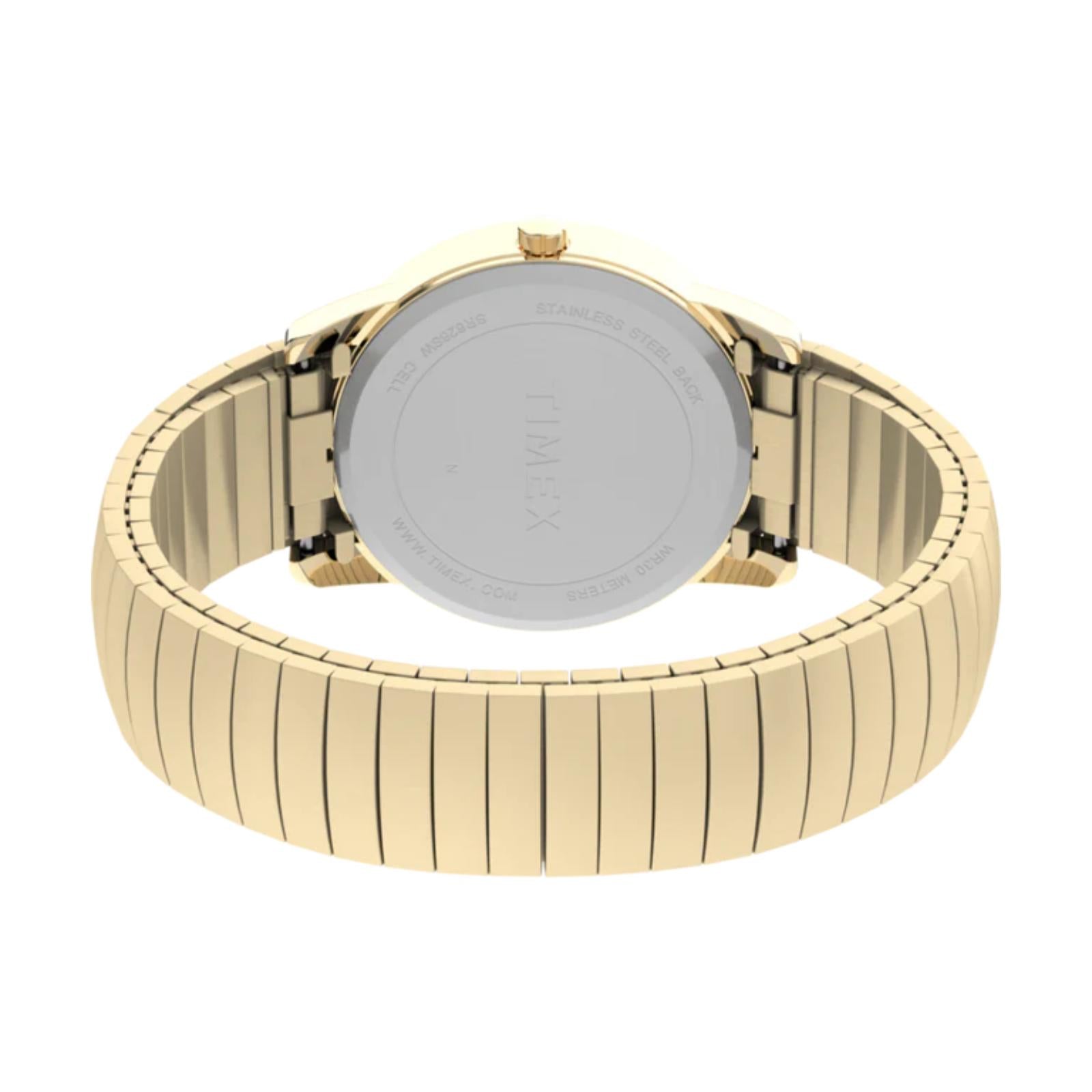 Timex Easy Reader 35mm men’s watch with stainless steel caseback and gold-tone expansion bracelet shown in rear view.