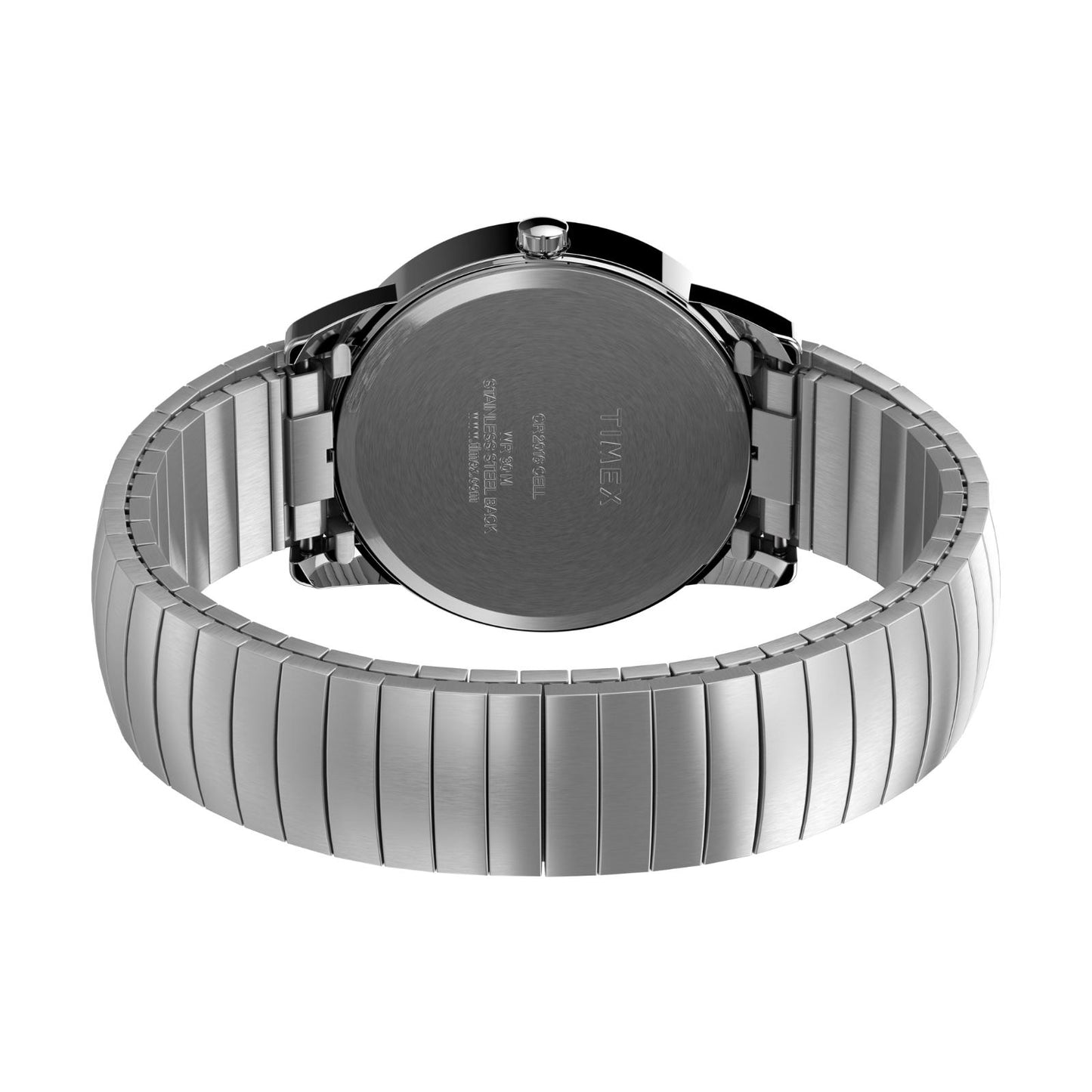 Timex Easy Reader 35mm rear view showing the stainless steel caseback and stainless steel expansion bracelet.