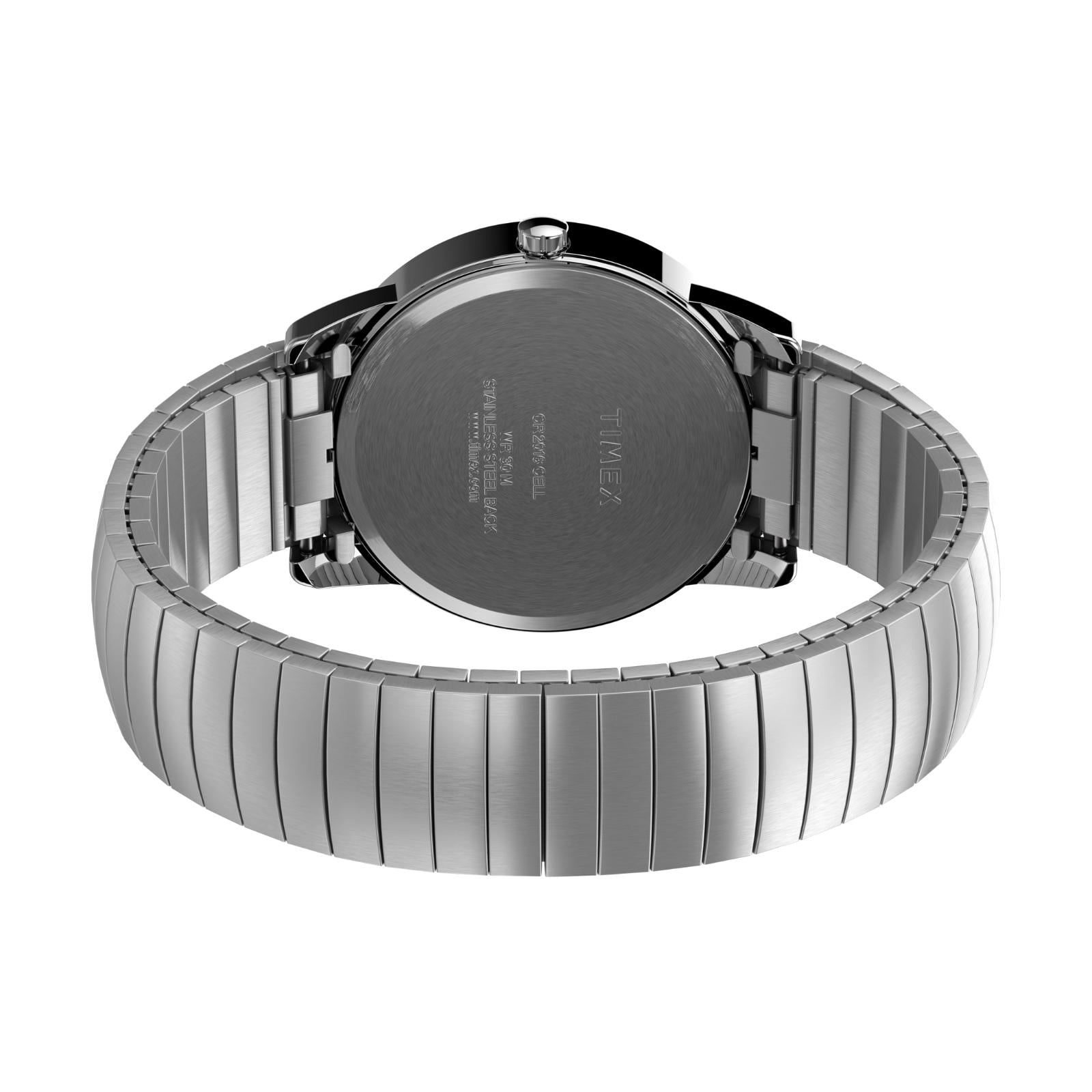 Timex Easy Reader 35mm rear view showing the stainless steel caseback and stainless steel expansion bracelet.