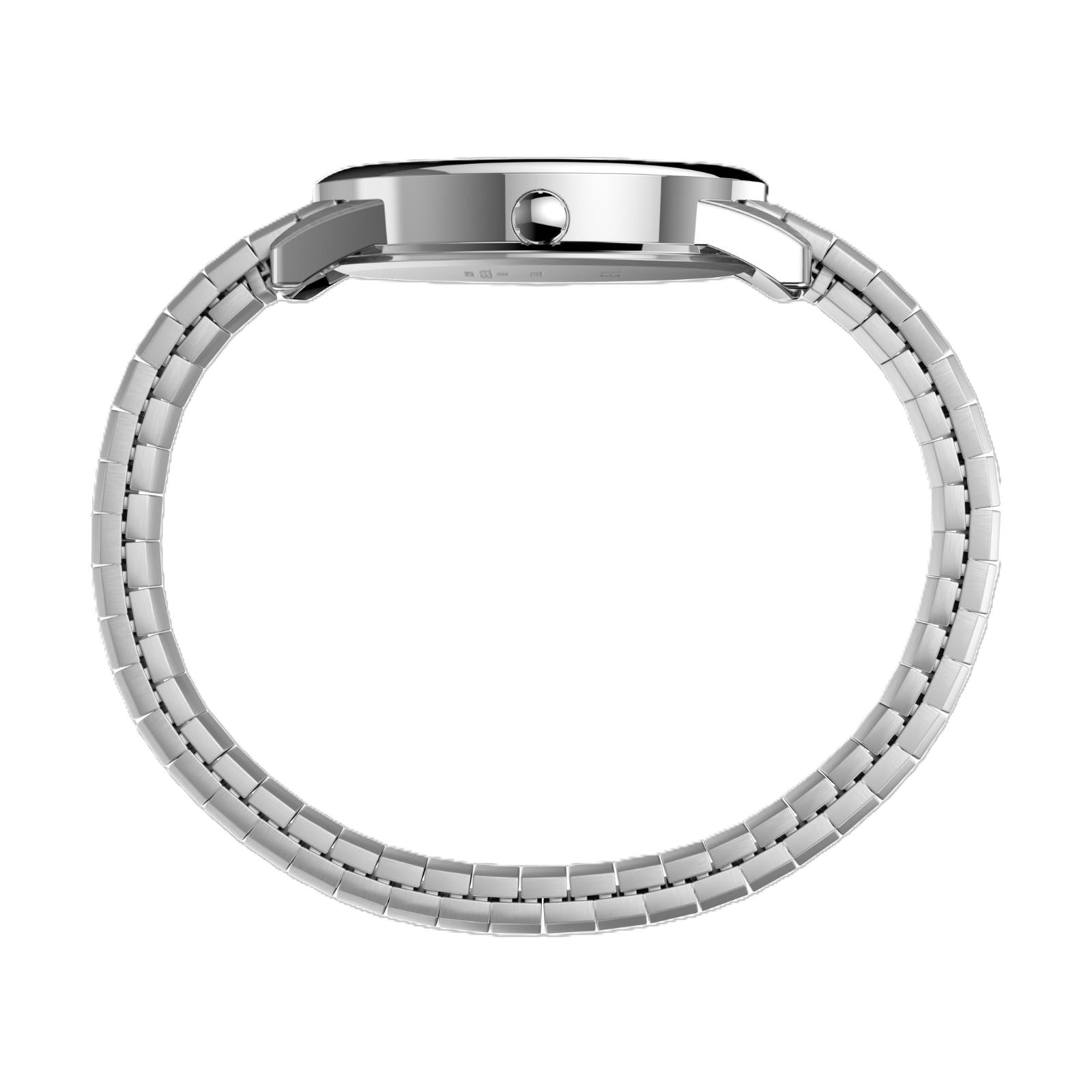 Timex Easy Reader 35mm side profile with polished silver-tone case and stainless steel expansion bracelet shown in a full side view.