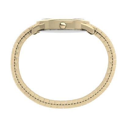 Timex Easy Reader 35mm men’s watch with slim gold-tone case and flexible expansion bracelet shown in side profile.