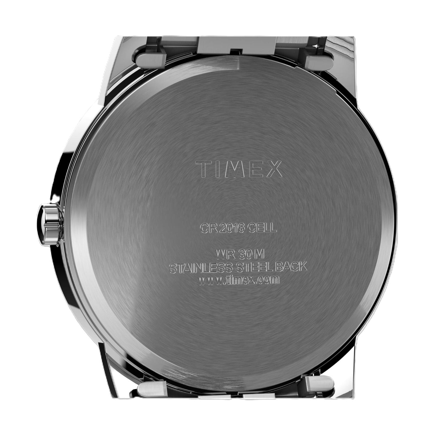 Timex Easy Reader 35mm stainless steel caseback with engraved Timex branding and water resistance details.