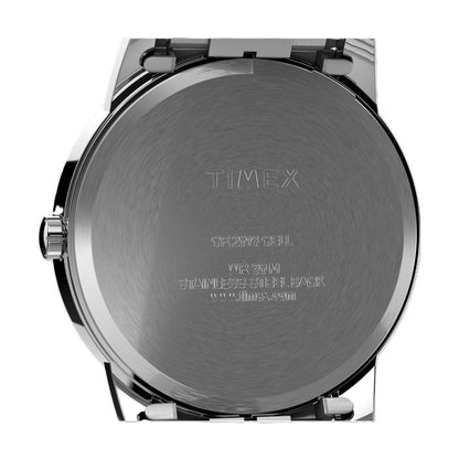 Timex Easy Reader 35mm stainless steel caseback with engraved Timex branding and water resistance details.