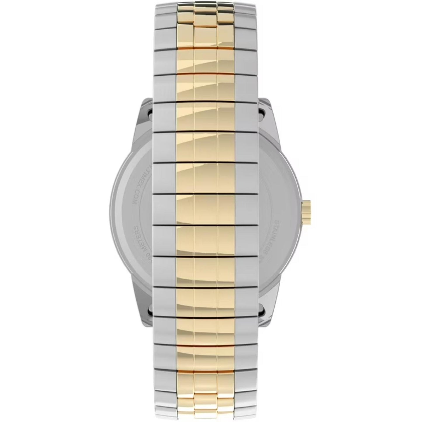Timex Easy Reader 35mm T2H311 rear bracelet view showing the two-tone stainless steel expansion band and stainless steel caseback.