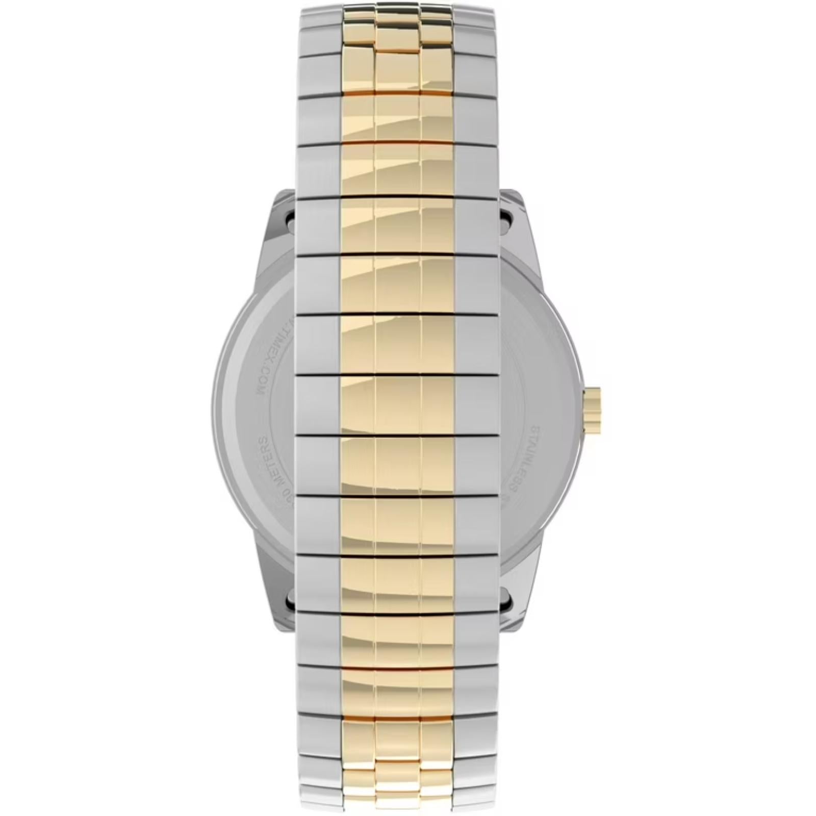 Timex Easy Reader 35mm T2H311 rear bracelet view showing the two-tone stainless steel expansion band and stainless steel caseback.