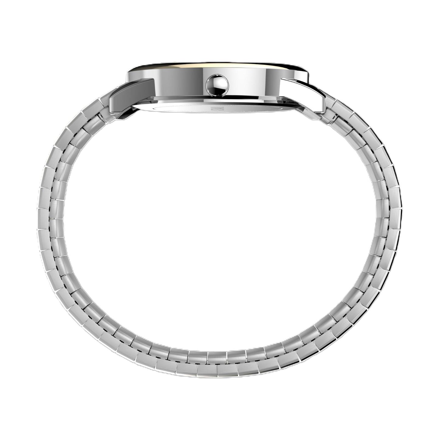 Timex Easy Reader 35mm T2H311 side profile with polished silver-tone case and two-tone stainless steel expansion bracelet shown in a full side view.