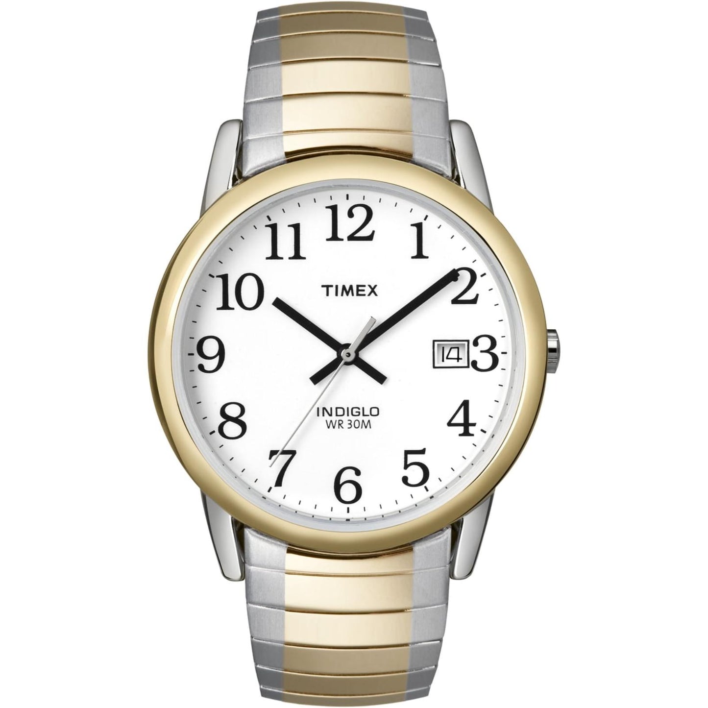 Timex Easy Reader 35mm T2H311 men’s watch with white dial, gold-tone bezel, and two-tone stainless steel expansion bracelet.