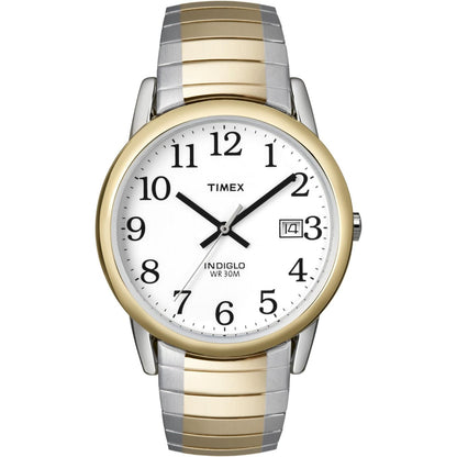 Timex Easy Reader 35mm T2H311 men’s watch with white dial, gold-tone bezel, and two-tone stainless steel expansion bracelet.