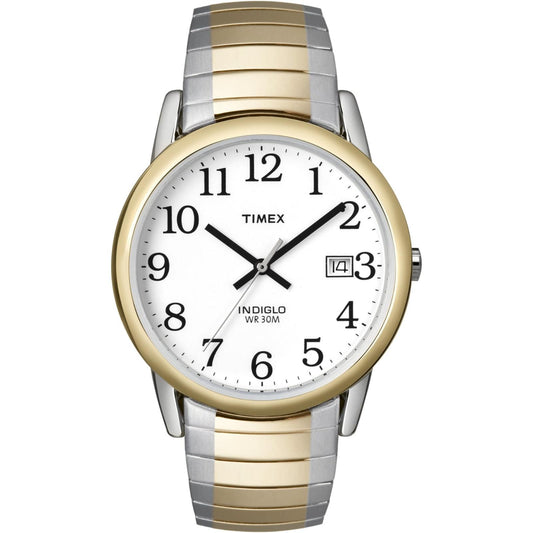 Timex Easy Reader 35mm T2H311 men’s watch with white dial, gold-tone bezel, and two-tone stainless steel expansion bracelet.