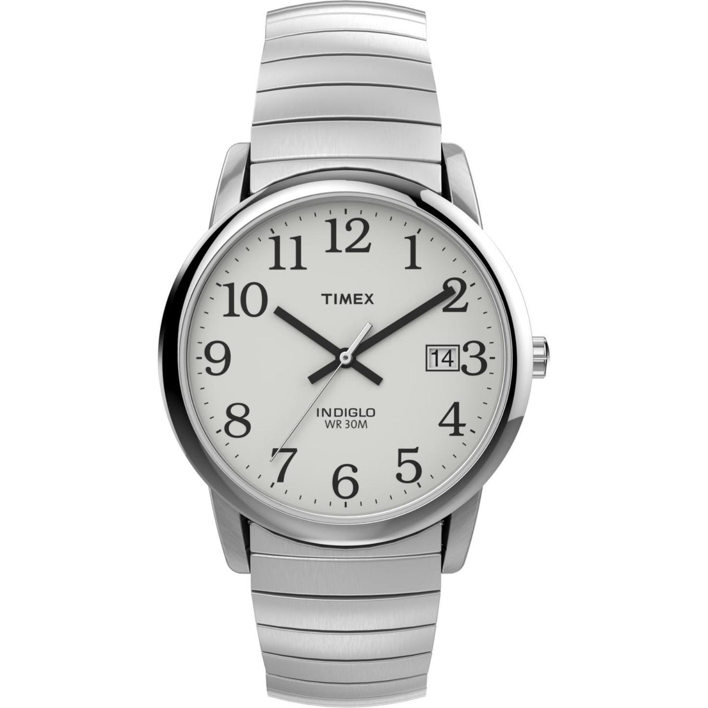 Timex Easy Reader 35mm men’s watch with white dial, black Arabic numerals, silver-tone case, date window, and stainless steel expansion bracelet.
