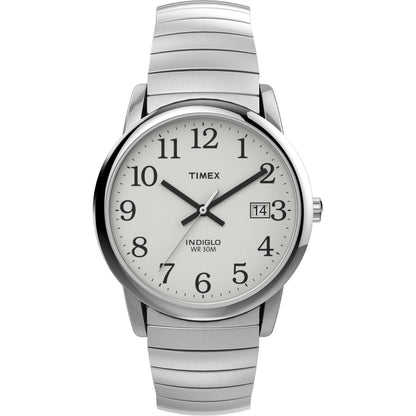 Timex Easy Reader 35mm men’s watch with white dial, black Arabic numerals, silver-tone case, date window, and stainless steel expansion bracelet.
