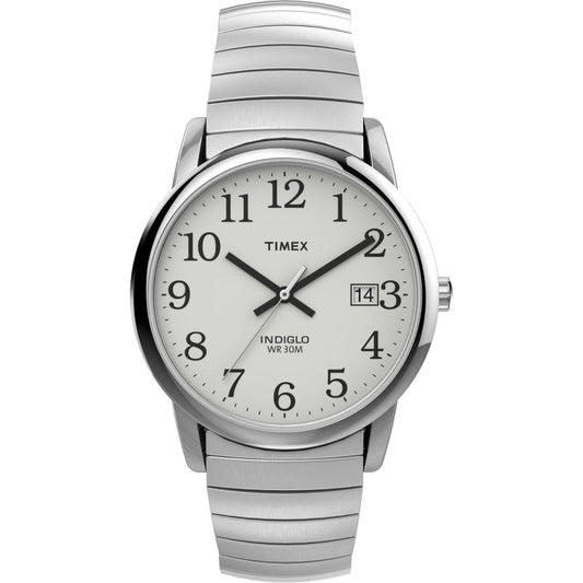 Timex Easy Reader 35mm men’s watch with white dial, black Arabic numerals, silver-tone case, date window, and stainless steel expansion bracelet.