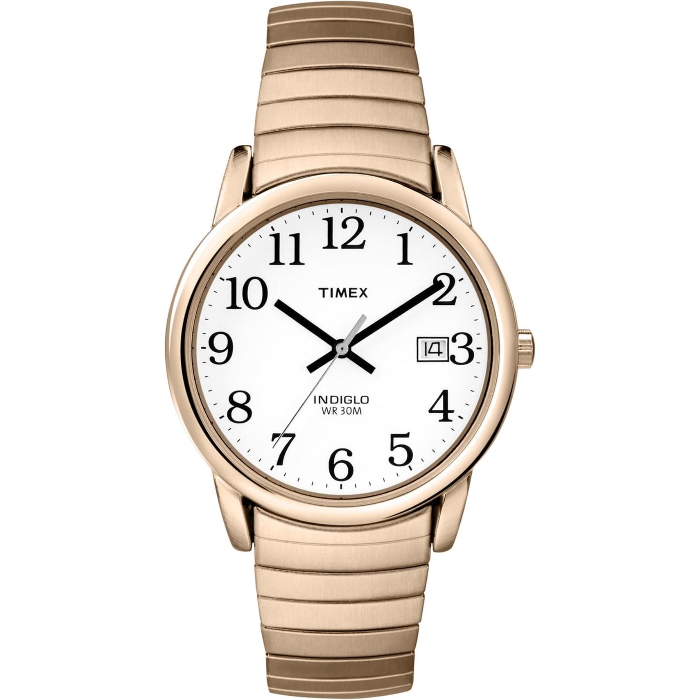 Timex Easy Reader 35mm men’s watch with white dial, black Arabic numerals, day-date window and gold-tone expansion bracelet.