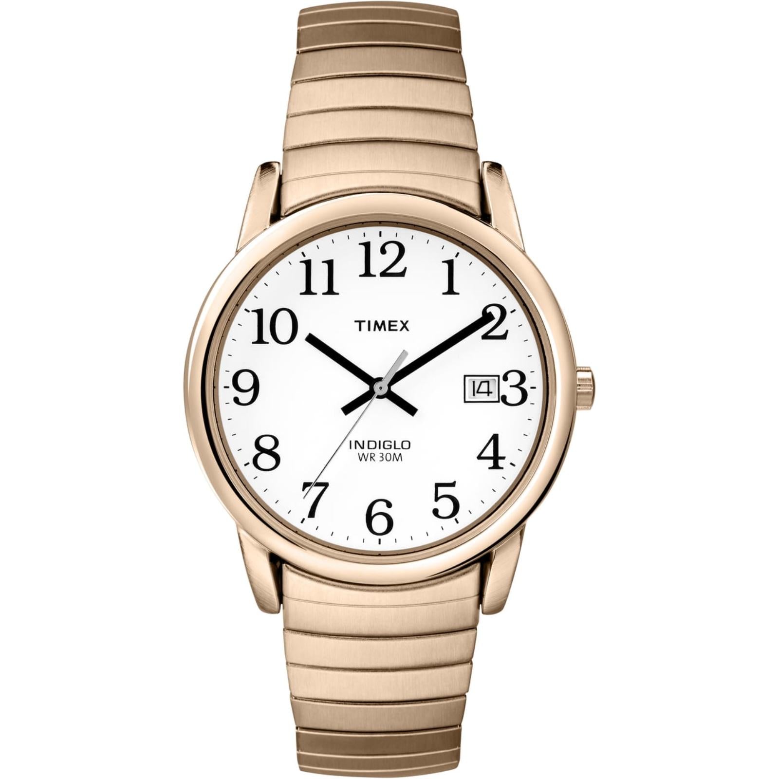 Timex Easy Reader 35mm men’s watch with white dial, black Arabic numerals, day-date window and gold-tone expansion bracelet.