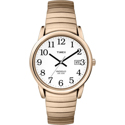 Timex Easy Reader 35mm men’s watch with white dial, black Arabic numerals, day-date window and gold-tone expansion bracelet.
