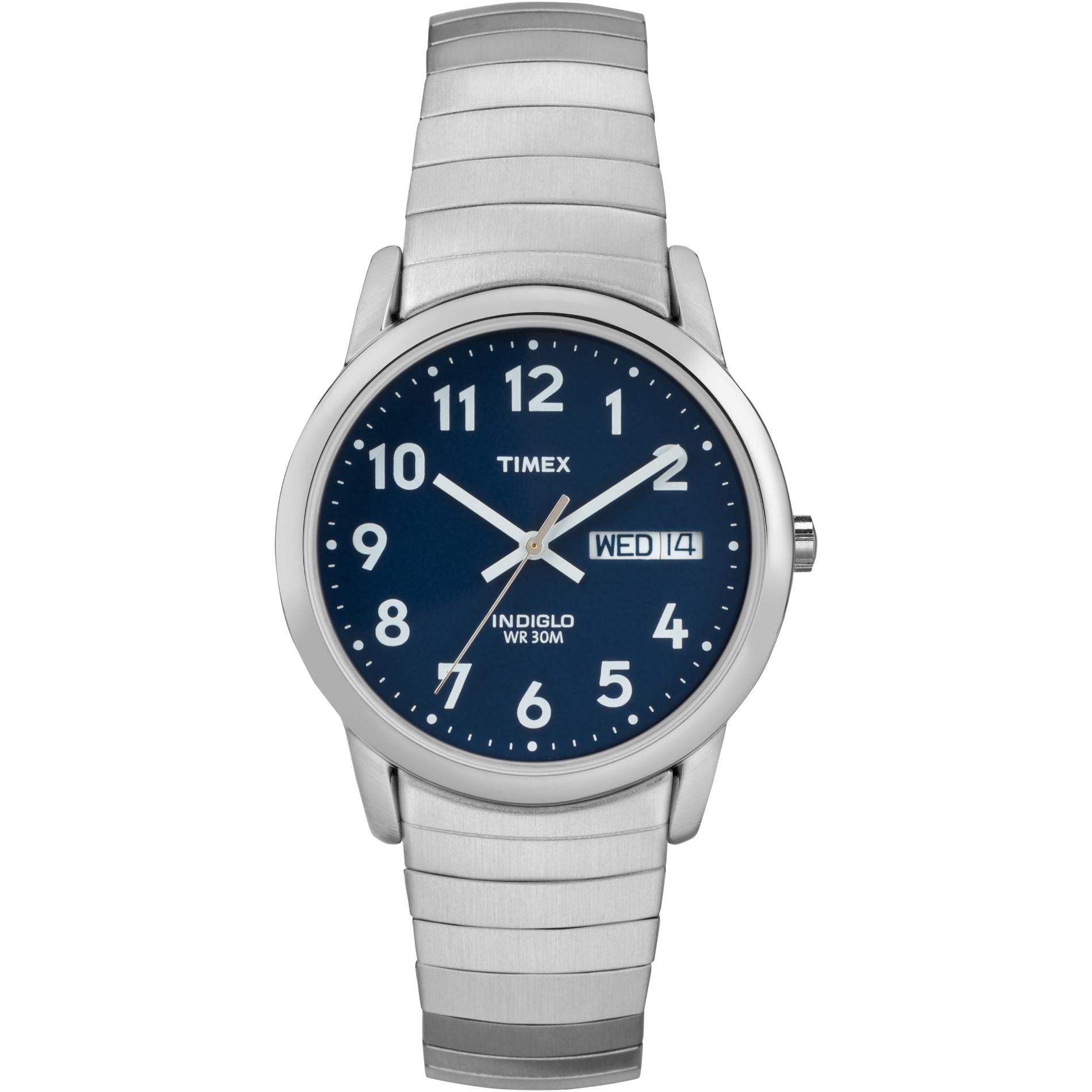 Timex Easy Reader Day Date T20031 men’s watch with blue dial, full Arabic numerals, day-date display, silver-tone case, and stainless steel expansion bracelet.