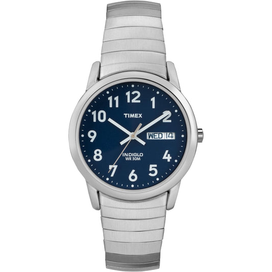 Timex Easy Reader Day Date T20031 men’s watch with blue dial, full Arabic numerals, day-date display, silver-tone case, and stainless steel expansion bracelet.