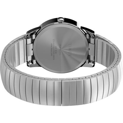 Timex Easy Reader Day Date T20031 rear view showing the stainless steel caseback and stainless steel expansion bracelet.