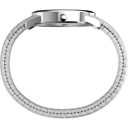 Timex Easy Reader Day Date T20031 side profile with polished silver-tone case and stainless steel expansion bracelet shown in a full side view.