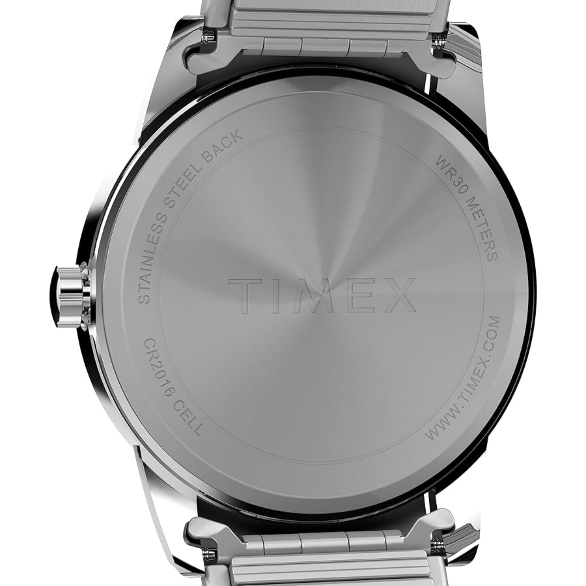Timex Easy Reader Day Date T20031 stainless steel caseback with engraved Timex branding and water resistance details.