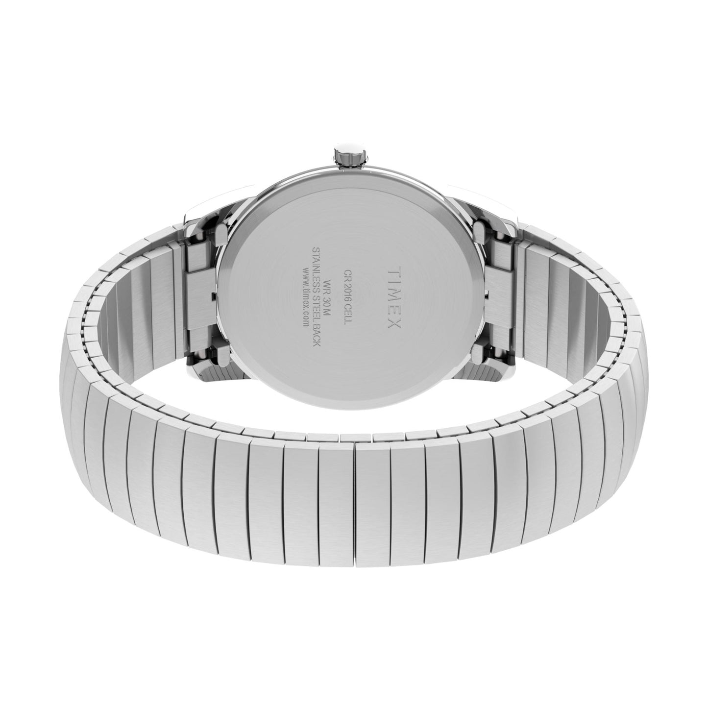 Timex Easy Reader Day Date T20461 rear view showing the stainless steel caseback and stainless steel expansion bracelet.