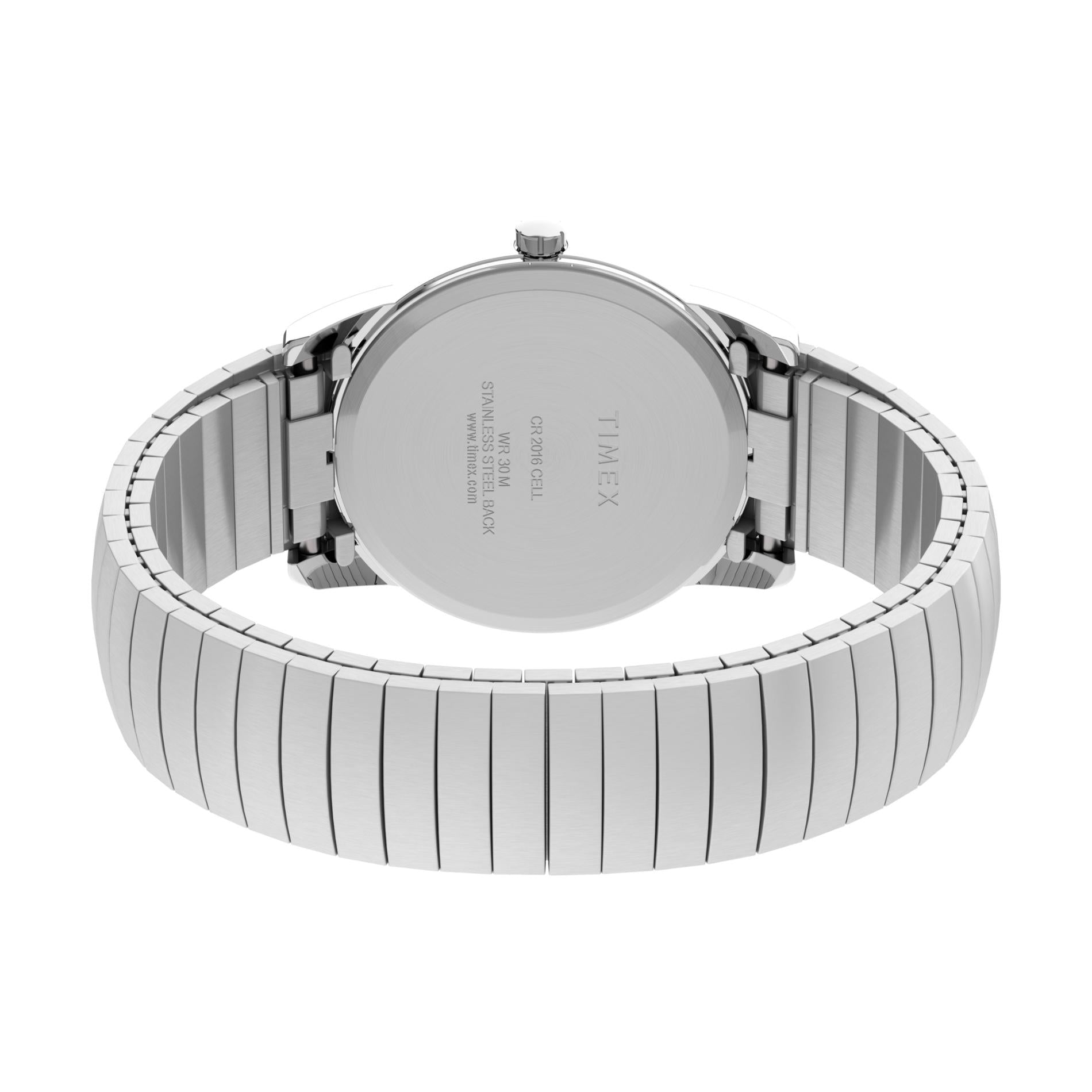 Timex Easy Reader Day Date T20461 rear view showing the stainless steel caseback and stainless steel expansion bracelet.