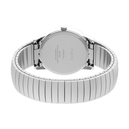 Timex Easy Reader Day Date T20461 rear view showing the stainless steel caseback and stainless steel expansion bracelet.