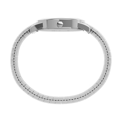 Timex Easy Reader Day Date T20461 side profile with polished silver-tone case and stainless steel expansion bracelet shown in a full side view.
