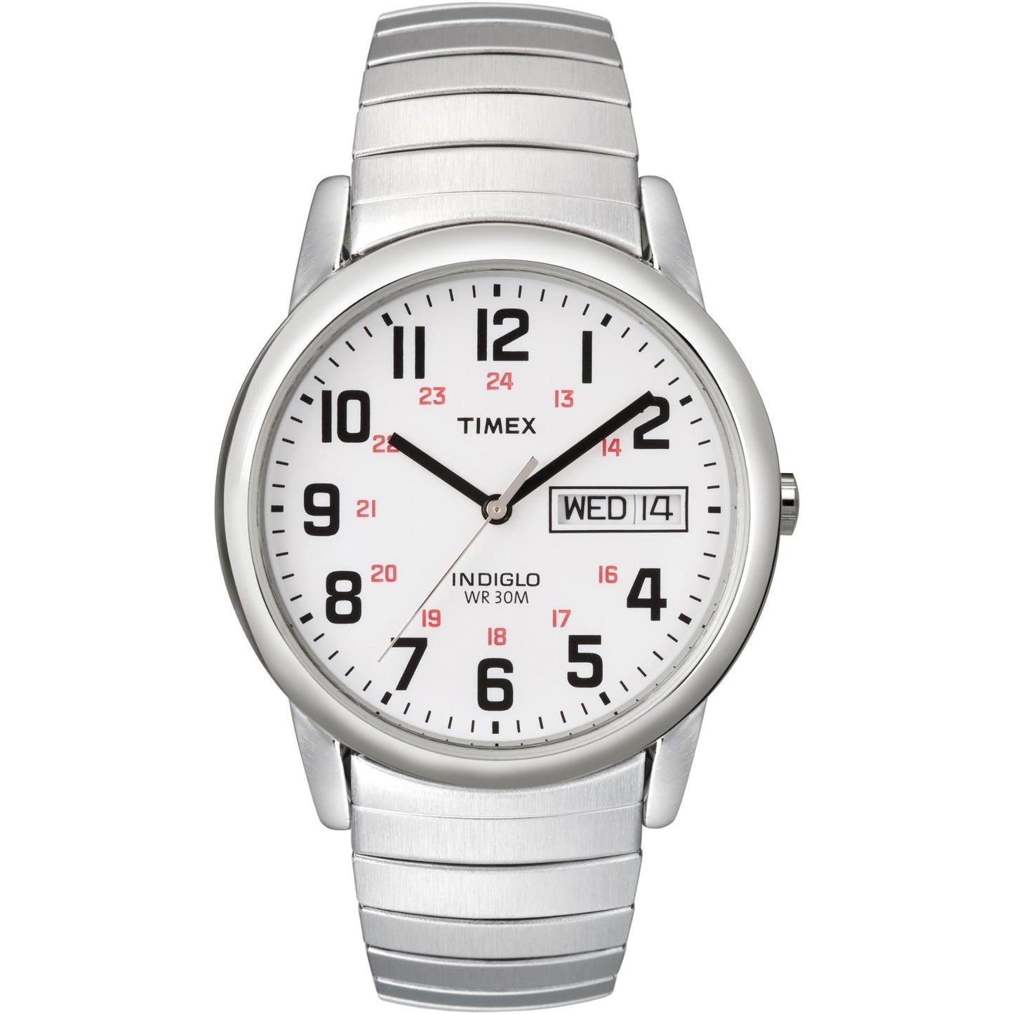 Timex Easy Reader Day Date T20461 men’s watch with white dial, black Arabic numerals, red 24-hour markers, day-date display, and stainless steel expansion bracelet.