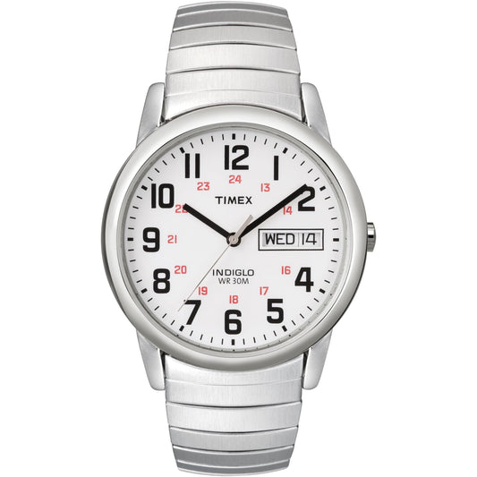 Timex Easy Reader Day Date T20461 men’s watch with white dial, black Arabic numerals, red 24-hour markers, day-date display, and stainless steel expansion bracelet.