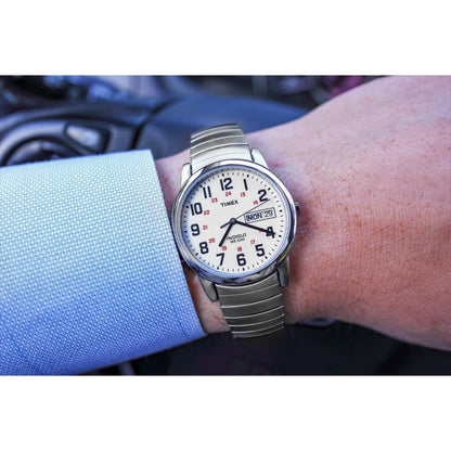 Timex Easy Reader Day Date T20461 men’s watch with white dial and stainless steel expansion bracelet worn on the wrist.