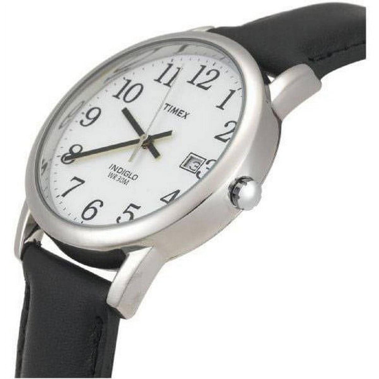 Timex Easy Reader T2H331 women’s watch with white dial, black Arabic numerals, silver-tone case, and black leather strap shown in an angled close-up view.