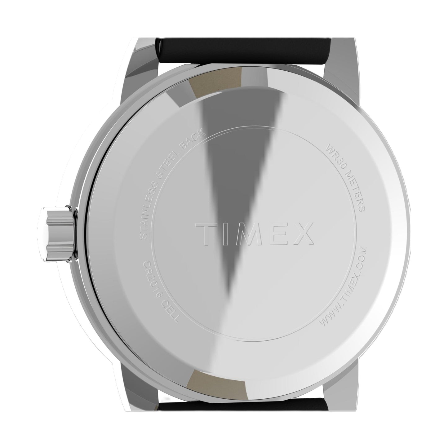 Timex Easy Reader T2H331 stainless steel caseback with engraved Timex branding and black leather strap attachment view.