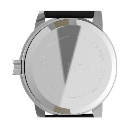 Timex Easy Reader T2H331 stainless steel caseback with engraved Timex branding and black leather strap attachment view.