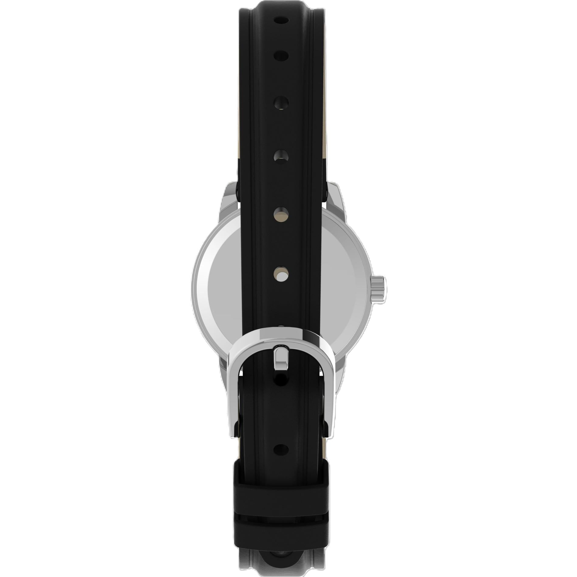 Timex Easy Reader T2H331 rear view showing the black leather strap, silver-tone buckle closure, and stainless steel caseback.
