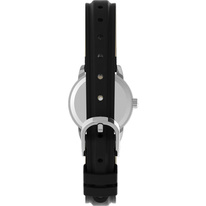 Timex Easy Reader T2H331 rear view showing the black leather strap, silver-tone buckle closure, and stainless steel caseback.