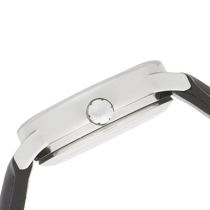 Timex Easy Reader T2H331 with polished silver-tone case profile and black leather strap shown in a side view.