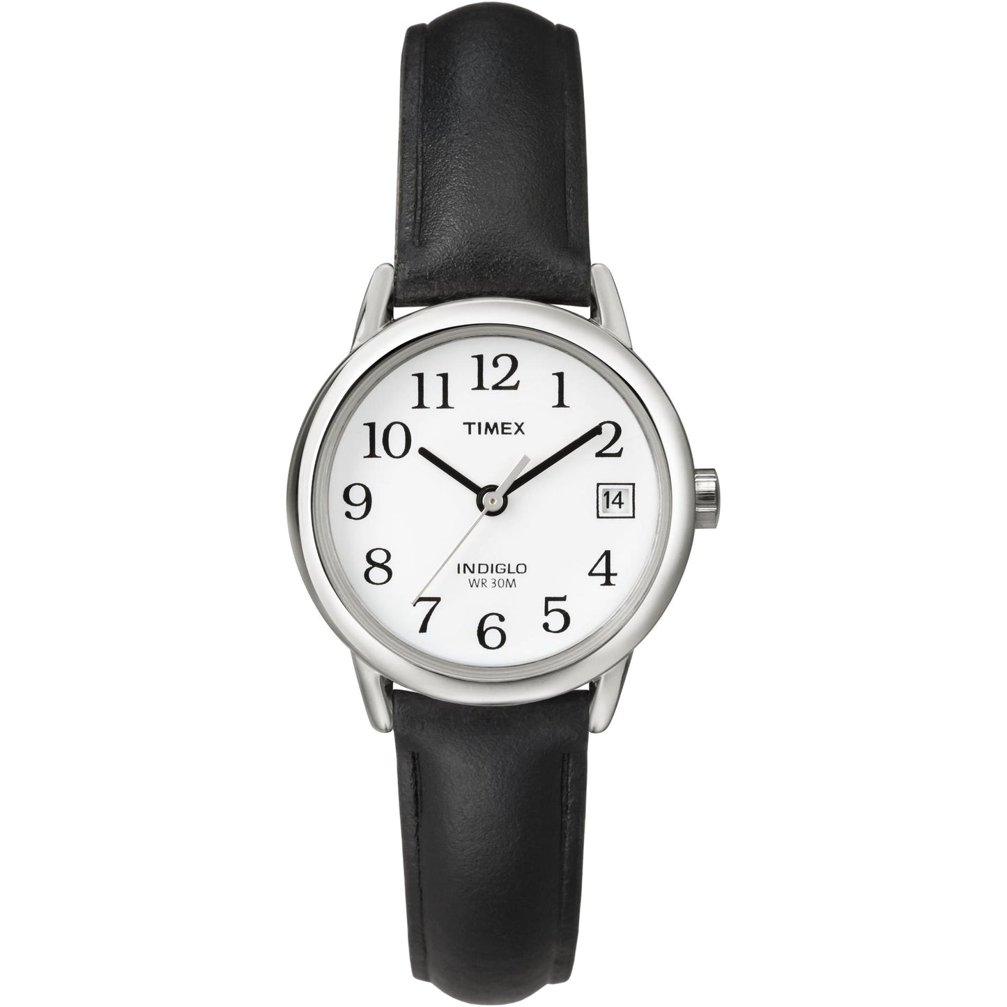 Timex Easy Reader T2H331 women’s watch with white dial, full Arabic numerals, silver-tone case, date window, and black leather strap.
