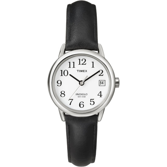 Timex Easy Reader T2H331 women’s watch with white dial, full Arabic numerals, silver-tone case, date window, and black leather strap.